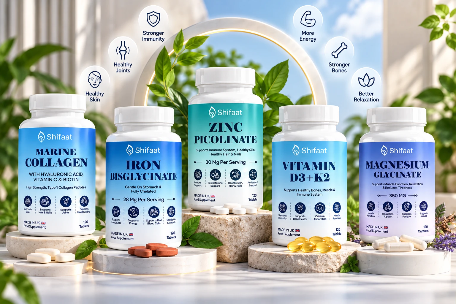 Shifaat supplement range: Marine Collagen, Iron Bisglycinate, Zinc Picolinate, Vitamin D3+K2 and Magnesium Glycinate